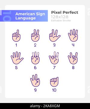 Digits in American sign language pixel perfect RGB color icons set Stock Vector