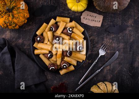 Halloween pasta with meatballs in shape of eye Stock Photo