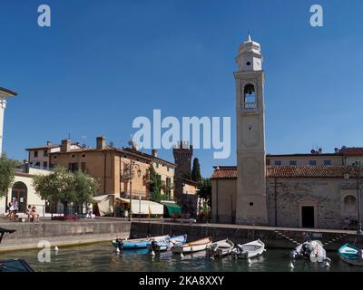Pieve Romanica di San Nicolò,  Porto Lazise harbour, Lazise,  Lake Garda, Italy,Europe Stock Photo