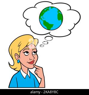 Girl thinking about Climate Change - A cartoon illustration of a Girl thinking about the effects of Climate Change. Stock Vector