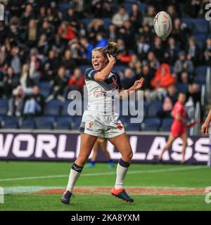 Tara Jones England celebrates her try during the Women's Rugby League World Cup 2021 match England Women vs Brazil Women at Headingley Stadium, Leeds, United Kingdom, 1st November 2022  (Photo by Mark Cosgrove/News Images) Stock Photo