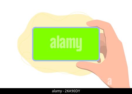 A man holds a phone in his hands with a place to insert an image or video Stock Vector