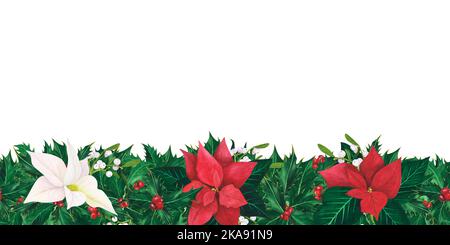 Seamless Border with Christmas holly leaves berries, poinsettia, mistletoe isolated on white background. Watercolor hand drawn borders. Illustration f Stock Photo