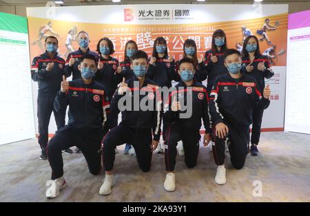 (Front row, L to R) Tang Ming-hong; Wong Chi-him; Alex Lau Tsz-kwan and Henry Leung Chi-hin; (Back  row, L to R) Coach Faheem Khan; Head Coach Peter Genever; Tong Tsz-wing; Lee Ka-yi; Ho Tze-lok; Cheng Nga-ching; Fung Ching-hei and Coach Rebecca Chiu Wing-yin attend a press conference of Hong Kong Squash open 2022, at Hong Kong Football Club in Happy Valley.  25OCT22 SCMP / Edmond So Stock Photo