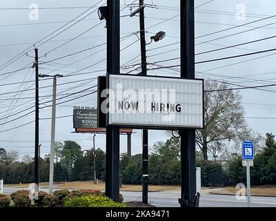 Augusta, GA USA - 12 19 21: Arbys Now Hiring street Sign Stock Photo