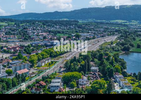 Aerial view to the beautiful town of Lindau on Lake Constance with its famous old town on the island Stock Photo