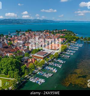 Aerial view to the beautiful town of Lindau on Lake Constance with its famous old town on the island Stock Photo