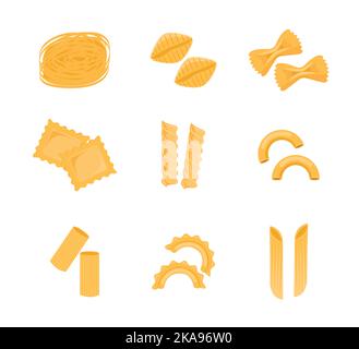 Pasta types set, italian noodles and macaroni. Restaurant delicious menu. Vector flat style cartoon pasta illustration isolated on white background Ep Stock Vector