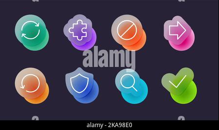 Basic icons set in glassmorphic style on dark background. Transparent blur glass effect icons. Vector illustration Stock Vector