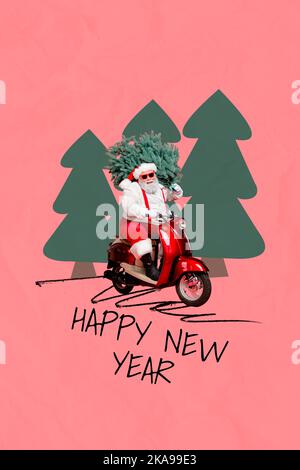 Invitation postcard collage of father christmas arrange festive event drive deliver spruce tree on magic new year woods