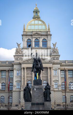 Wonderful historic building of national museum with statue in front of it, Prague, Czechia Stock Photo