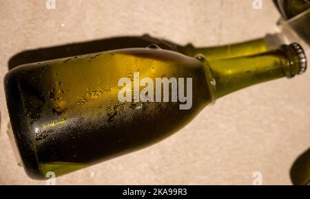 Champagne bottle during second fermentation with lees or dead yeast cells sediment, making champagne sparkling wine from chardonnay and pinor noir gra Stock Photo