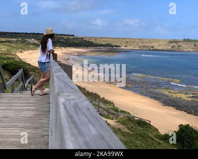 A young woman in shorts and a T-shirt leaning on a hand rail and admiring the view of an empty beach Stock Photo