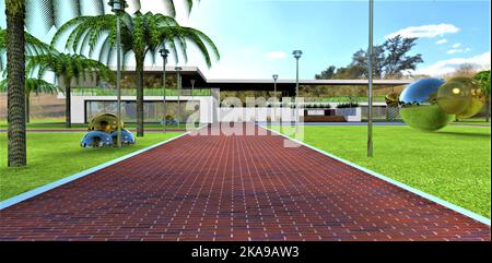 Pedestrian road paved with red brick with a jade border in the territory of an advanced luxury estate. On the lawn, steel and gold balls are dug into Stock Photo