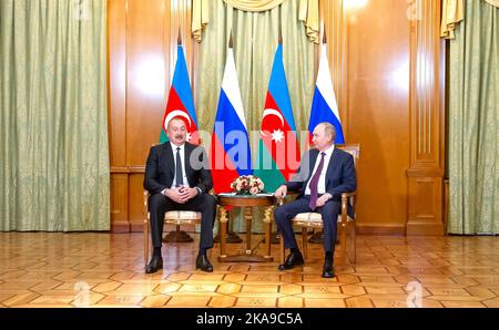 Sochi, Russia. 31st Oct, 2022. Russian President Vladimir Putin listens to Azerbaijani President Ilham Aliyev, left, during a bilateral face-to-face meeting at the presidential residence at Cape Idokopas, October 31, 2022 in Sochi, Krasnodar Krai, Russia. Credit: Mikhail Klimentyev/Kremlin Pool/Alamy Live News Stock Photo