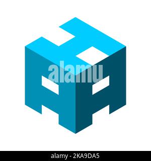 Blue AHA cube logo design template. Letters A, H, A in a 3D cube. Isometric hexagon shape. Construction, architecture industry. Innovation symbol. Stock Vector