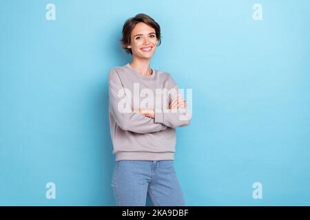 Portrait Of Toothy Beaming Girl With Short Hairstyle Wear Grey T-shirt 