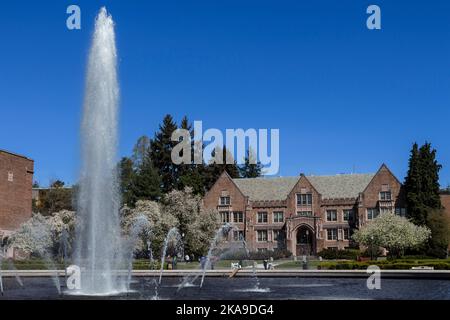 The Drumheller Fountain in front of the University of Washington on a sunny day in Seattle, the USA Stock Photo