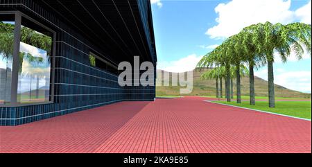 Red brick cobbled platform in front of the entrance to a unique futuristic building lined with photovoltaic panels. Green palm trees in the meadow. 3d Stock Photo