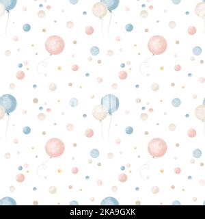 Pattern with air Balloons and confetti in cute pastel blue and pink colors. Seamless hand drawn background for holiday party or birthday. Watercolor i Stock Photo