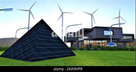 Design of an eco-friendly country house using renewable energy. Pyramid of solar panels with a power plant inside. Powerful silent wind generators. 3d Stock Photo