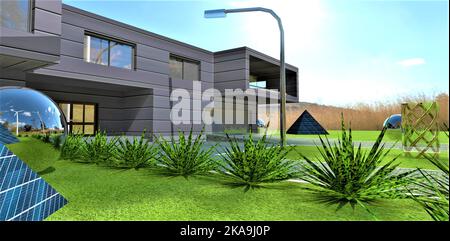 A lawn with bushes in front of the entrance to an eco-friendly country house with autonomous power supply using solar panels and wind turbines. Electr Stock Photo