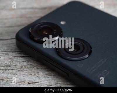 Galati, Romania - October, 04 2022: Asus launch their new Asus Zenfone 9 with improved dual cameras. Focus on camera islands from the back of the smar Stock Photo