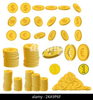 Gold coins, golden dollar coins, money pile, stacked cash. Casino bonus, profits and income earnings. Vector illustration Stock Vector