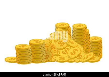 Gold coins, golden dollar coins, money pile, stacked cash. Casino bonus, profits and income earnings. Vector illustration Stock Vector