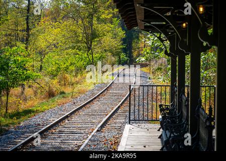 View of a Winding Train Track Thru the Woods on a Fall Day Stock Photo