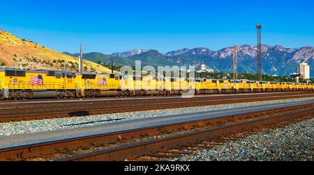 Large number of Union Pacific diesel locomotives lined up in Salt Lake City Stock Photo
