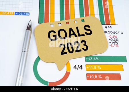 Business concept. On the business charts is a pen and a sign with the inscription - Goals 2023 Stock Photo