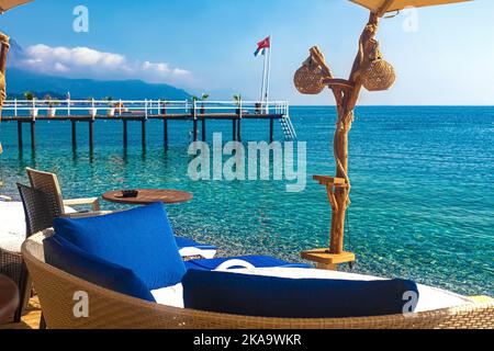 View of the cafe area on the beach. Kemer, Turkey Stock Photo