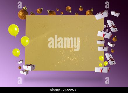 holiday copy space card, golden card surrounded by gifts, balloons and decorations, holiday concept Stock Photo