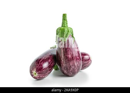 Ripe graffiti eggplants isolated on a white background. Food concept. Stock Photo