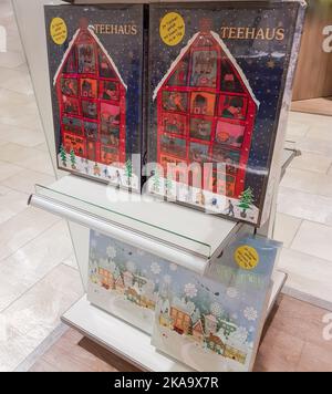 Berlin, Germany, October 2019: Large colorful boxes of advent calendars with different tea inside. Sold on a shelf in the store. Christmas, sale. Stock Photo