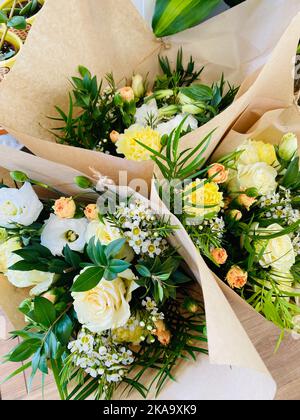 A top view shot of different bouqets in a flower shop Stock Photo