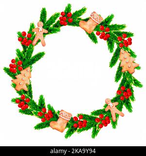 Watercolor decorative Christmas wreath made of fir branches, berries and gingerbread isolated on white background. Holiday clip art. Stock Photo
