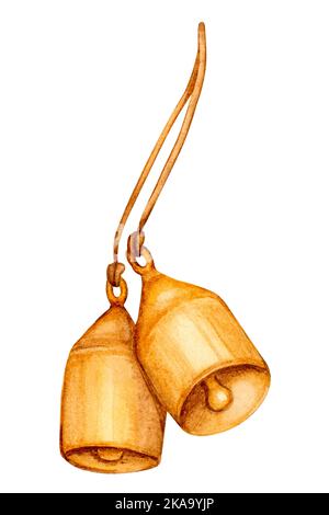 Golden bells on a rope. Festive New Year and Christmas decor. Watercolor element for the design of cards, invitations, congratulations, labels, packag Stock Photo