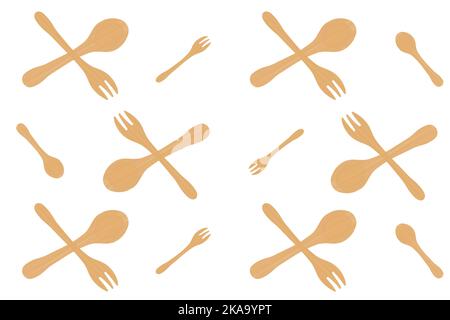 Pattern of wooden bamboo spoons and forks on a white background. The concept of ecology, environmental protection, waste recycling. Vector image Stock Vector