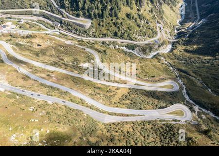 Aerial view of Grimsel mountain pass, southern slopes at village Gletsch, Rhone valley, Switzerland Stock Photo