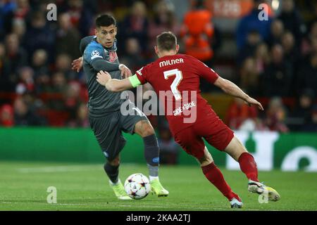 Liverpool, UK. 01st Nov, 2022. Mathias Olivera of Napoli (l) looks to go past James Milner of Liverpool. UEFA Champions league, group A match, Liverpool v Napoli at Anfield Stadium in Liverpool on Tuesday 1st November 2022. this image may only be used for Editorial purposes. Editorial use only, license required for commercial use. No use in betting, games or a single club/league/player publications. pic by Chris Stading/Andrew Orchard sports photography/Alamy Live news Credit: Andrew Orchard sports photography/Alamy Live News Stock Photo