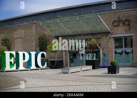 An entrance to the EPIC Irish Emigration Museum in the Chq Building on Custom House Quay. Interactive museum about history of the Irish diaspora. Stock Photo