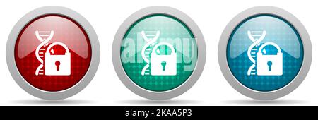 Dna code information security vector icon set, glossy web buttons collection Stock Vector