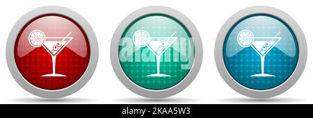 Tropical drink, alcohol, bar, martini in glass vector icon set, glossy web buttons collection Stock Vector