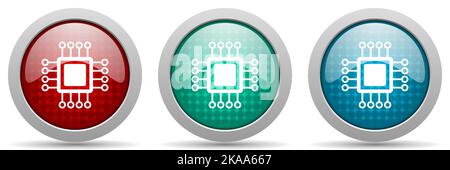 Circuit, technology, chip, processor vector icon set, glossy web buttons collection Stock Vector