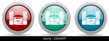 Music, stereo equipment vector icon set, glossy web buttons collection Stock Vector
