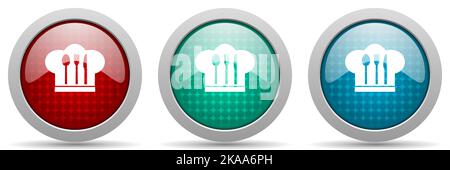 Chef hat, cook and kitchen vector icon set, glossy web buttons collection Stock Vector