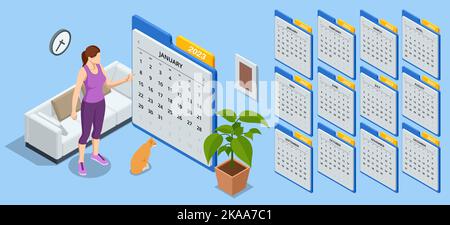 Isometric Calendar for 2023 year. Stationery Design Print Template. Set of 12 Months. Schedule template with months. Week starts Sunday. Stock Vector