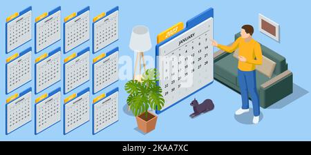 Isometric Calendar for 2023 year. Stationery Design Print Template. Set of 12 Months. Schedule template with months. Week starts Sunday. Stock Vector